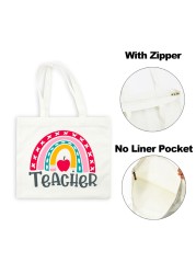 Best Teacher Ever Rainbow Women Canvas Shopping Bag Teacher Life Reusable Aesthetic Eco Tote Shoulder Bags Storage Travel Gift Bag