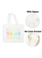 Best Teacher Ever Rainbow Women Canvas Shopping Bag Teacher Life Reusable Aesthetic Eco Tote Shoulder Bags Storage Travel Gift Bag