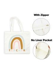 Best Teacher Ever Rainbow Women Canvas Shopping Bag Teacher Life Reusable Aesthetic Eco Tote Shoulder Bags Storage Travel Gift Bag