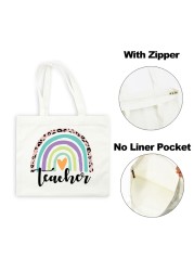 Best Teacher Ever Rainbow Women Canvas Shopping Bag Teacher Life Reusable Aesthetic Eco Tote Shoulder Bags Storage Travel Gift Bag