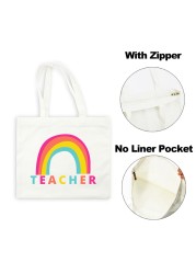 Best Teacher Ever Rainbow Women Canvas Shopping Bag Teacher Life Reusable Aesthetic Eco Tote Shoulder Bags Storage Travel Gift Bag