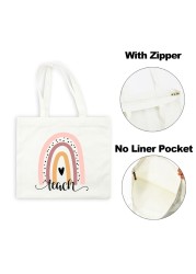 Best Teacher Ever Rainbow Women Canvas Shopping Bag Teacher Life Reusable Aesthetic Eco Tote Shoulder Bags Storage Travel Gift Bag