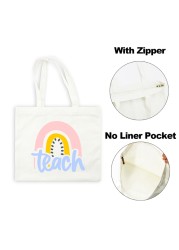 Best Teacher Ever Rainbow Women Canvas Shopping Bag Teacher Life Reusable Aesthetic Eco Tote Shoulder Bags Storage Travel Gift Bag