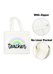 Best Teacher Ever Rainbow Women Canvas Shopping Bag Teacher Life Reusable Aesthetic Eco Tote Shoulder Bags Storage Travel Gift Bag