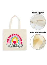 Best Teacher Ever Rainbow Women Canvas Shopping Bag Teacher Life Reusable Aesthetic Eco Tote Shoulder Bags Storage Travel Gift Bag