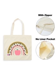 Best Teacher Ever Rainbow Women Canvas Shopping Bag Teacher Life Reusable Aesthetic Eco Tote Shoulder Bags Storage Travel Gift Bag