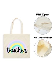 Best Teacher Ever Rainbow Women Canvas Shopping Bag Teacher Life Reusable Aesthetic Eco Tote Shoulder Bags Storage Travel Gift Bag