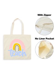 Best Teacher Ever Rainbow Women Canvas Shopping Bag Teacher Life Reusable Aesthetic Eco Tote Shoulder Bags Storage Travel Gift Bag