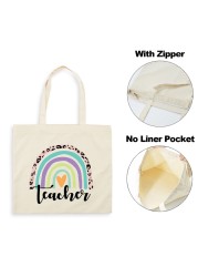 Best Teacher Ever Rainbow Women Canvas Shopping Bag Teacher Life Reusable Aesthetic Eco Tote Shoulder Bags Storage Travel Gift Bag