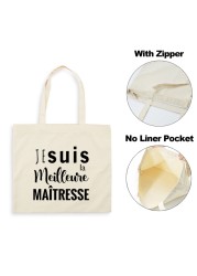 French Best Teacher Life Print Fashion Women Canvas Shopping Bag Eco Harajuku Aesthetic Personality Super Mistress School Bags