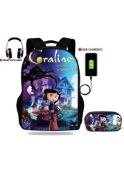 Teenager Backpack Coraline Print School Bag USB Charging For School