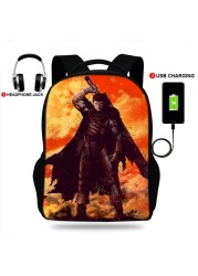 USB Charge Student Backpack Kids Berserk Guts Manga Swordsman School Bag Teenagers Anime Backpack Adult Travel Laptop Mochila