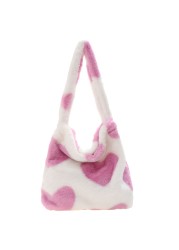 Love Heart Print Bags for Women 2021 Soft Plush Shoulder Bags Female Leopard Pattern Handbag Winter Warm Fluffy Bucket Bags