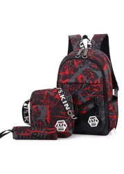 3pcs/set Men's Travel Backpack Camouflage Shoulder Bag Canvas School Bag For Teens Student Mochila