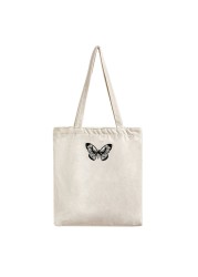 Butterfly Letters Printed Shopping Bags Women Canvas Cotton Cloth Shoulder Bags Women Eco Reusable Grocery Shopper Handbag