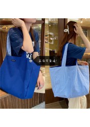 Women Shoulder Bag 2021 Canvas Tote Bags Girl Fashion Casual Solid Color Plaid Shopper Bags Large Capacity Double Sided Handbags