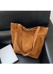 Retro Corduroy Shoulder Bag Women 2021 Large Capacity Shopping Bag Girls Student Bookbag Travel Handbag With Outer Pocket