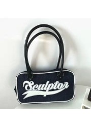 Xiuya Retro Women Casual Shoulder Bag All-match Travel Fitness Baseball Sports Denim Canvas Bag Embroidered Letter Handbag