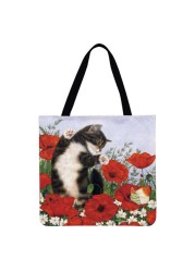 Women Bag Women Flower Bush Cat Printed Linen Casual Shopper Shoulder Bag 2021 Fashion Bag Female Large Capacity Tote Handbags