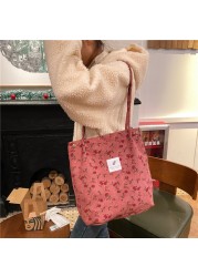 Women Corduroy Handbag New Fashion Floral Printing Large Capacity Canavs Shoulder Bag 2022 Summer Ladies Shopping Messenger Bag