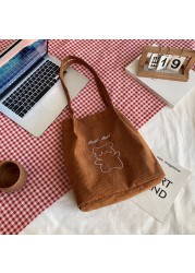 Women Corduroy Shoulder Bag Female Canvas Cloth Bucket Bag Girls Cartoon Bear Print Handbag 2021 Reusable Eco Grocery Travel Bag