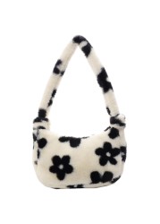 Fashion Women Cow Print Small Shoulder Bags Female Winter Plush Underarm Bags Leopard Zebra Pattern Fluffy Tote Bags Small Purses