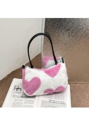 Women Fashion Winter Love Heart Print Underarm Bags Leopard Zebra Pattern Shoulder Bags Female Soft Plush Warm Fluffy Tote Bags