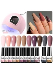 LILYCUTE 10pcs Gel Nail Polish Set With UV Lamp Nude Gel Semi Permanent Hybrid Varnish Base Top Coat Soak Off UV LED Nail Art