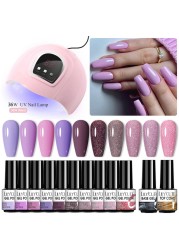 LILYCUTE 10pcs Gel Nail Polish Set With UV Lamp Nude Gel Semi Permanent Hybrid Varnish Base Top Coat Soak Off UV LED Nail Art