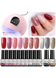 LILYCUTE 10pcs Gel Nail Polish Set With UV Lamp Nude Gel Semi Permanent Hybrid Varnish Base Top Coat Soak Off UV LED Nail Art