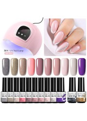 LILYCUTE 10pcs Gel Nail Polish Set With UV Lamp Nude Gel Semi Permanent Hybrid Varnish Base Top Coat Soak Off UV LED Nail Art