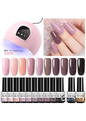 LILYCUTE 10pcs Gel Nail Polish Set With UV Lamp Nude Gel Semi Permanent Hybrid Varnish Base Top Coat Soak Off UV LED Nail Art