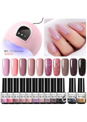 LILYCUTE 10pcs Gel Nail Polish Set With UV Lamp Nude Gel Semi Permanent Hybrid Varnish Base Top Coat Soak Off UV LED Nail Art