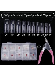 500pcs/box Clear Artificial False Nail Tips Capsule with Nails Cutter Coffin French Full Cover Fake Nails Manicure Tools