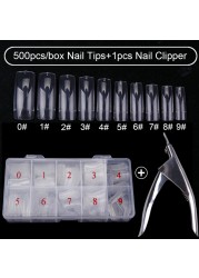 500pcs/box Clear Artificial False Nail Tips Capsule with Nails Cutter Coffin French Full Cover Fake Nails Manicure Tools