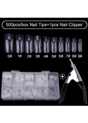 500pcs/box Clear Artificial False Nail Tips Capsule with Nails Cutter Coffin French Full Cover Fake Nails Manicure Tools