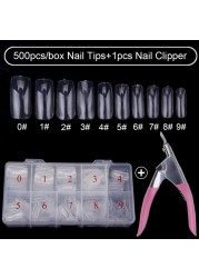 500pcs/box Clear Artificial False Nail Tips Capsule with Nails Cutter Coffin French Full Cover Fake Nails Manicure Tools