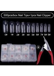 500pcs/box Clear Artificial False Nail Tips Capsule with Nails Cutter Coffin French Full Cover Fake Nails Manicure Tools