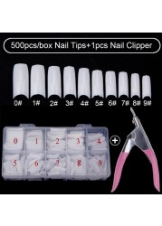 500pcs/box Clear Artificial False Nail Tips Capsule with Nails Cutter Coffin French Full Cover Fake Nails Manicure Tools