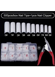 500pcs/box Clear Artificial False Nail Tips Capsule with Nails Cutter Coffin French Full Cover Fake Nails Manicure Tools