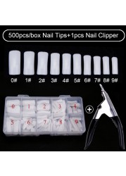 500pcs/box Clear Artificial False Nail Tips Capsule with Nails Cutter Coffin French Full Cover Fake Nails Manicure Tools