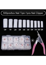 500pcs/box Clear Artificial False Nail Tips Capsule with Nails Cutter Coffin French Full Cover Fake Nails Manicure Tools