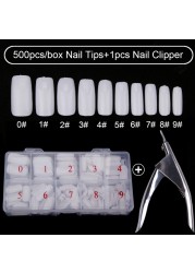 500pcs/box Clear Artificial False Nail Tips Capsule with Nails Cutter Coffin French Full Cover Fake Nails Manicure Tools