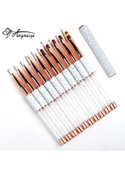 ANGNYA 9pcs/set Rose Gold Nail Art UV Gel Brush Set Pen Nail Art Builder Flat Crystal Painting Drawing Carving Pen Manicure Tool