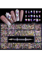 Luxury Box Shiny Diamond Nail Art Rhinestone Crystal Glass Set Decorations Set 1pcs Pick up Pen in Grids Box 21 Shapes of 2500pcs