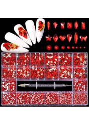 Luxury Box Shiny Diamond Nail Art Rhinestone Crystal Glass Set Decorations Set 1pcs Pick up Pen in Grids Box 21 Shapes of 2500pcs