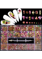 Luxury Box Shiny Diamond Nail Art Rhinestone Crystal Glass Set Decorations Set 1pcs Pick up Pen in Grids Box 21 Shapes of 2500pcs