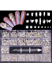 Luxury Box Shiny Diamond Nail Art Rhinestone Crystal Glass Set Decorations Set 1pcs Pick up Pen in Grids Box 21 Shapes of 2500pcs