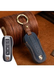 Leather Key Cover Case Car Accessories Fob Protector For Porsche Cayenne Pamela Macan 718 Panamera Keychains Holder Bag Keyring