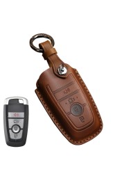 Leather Key Case Cover Fob Keychain Holder For Lincoln Ford Raptor F150 Explorer Everest Ranger Accessories Remote Keyring Bag